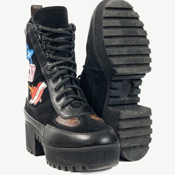 Louis Vuitton Laureate Black Suede & Monogram Canvas Patch-Applique Boots - Picture 4 of 12